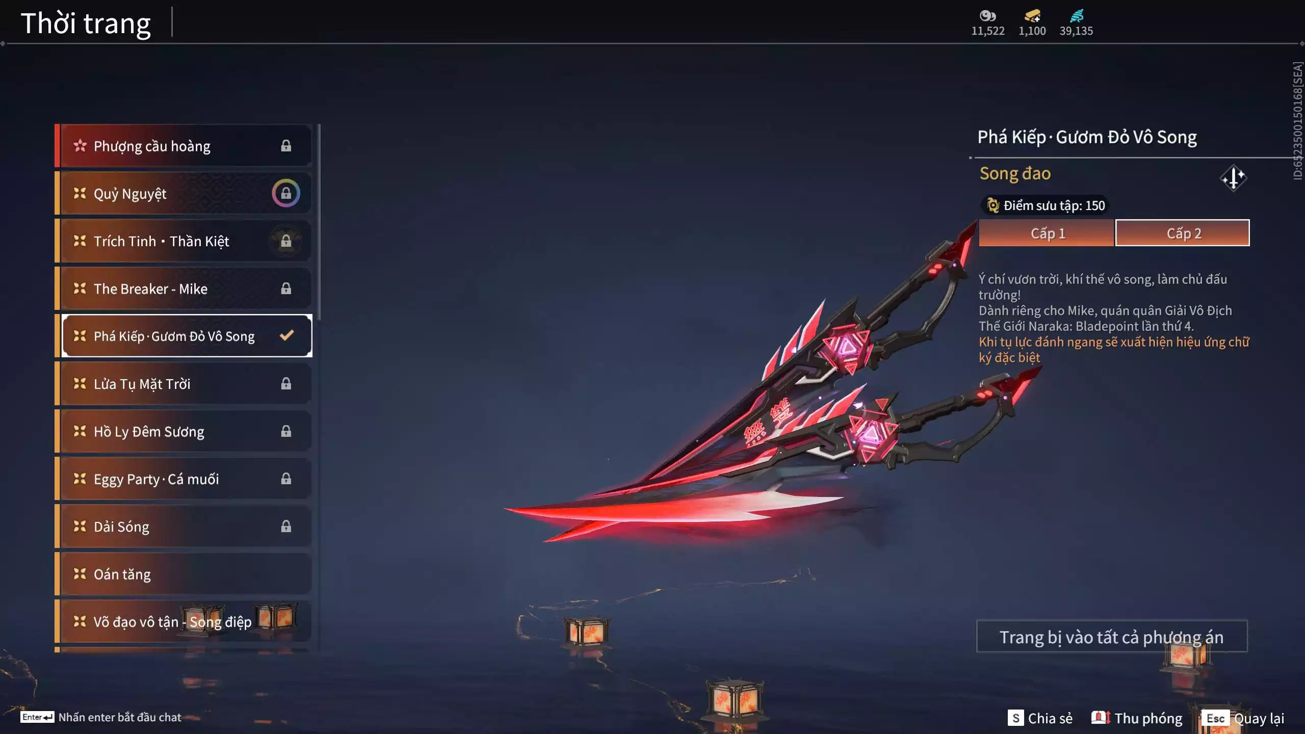 Ảnh Acc 550: ***Sẵn 1100 vàng*** 5 Vũ khí đỏ: Thương Linh Tê, Đại Đao Lang Vương, Long Tước , Song Long Chầu Nguyệt, Pháo- Thiên Phạt, 1 Trang phục đỏ: Lệ Giao Nhân