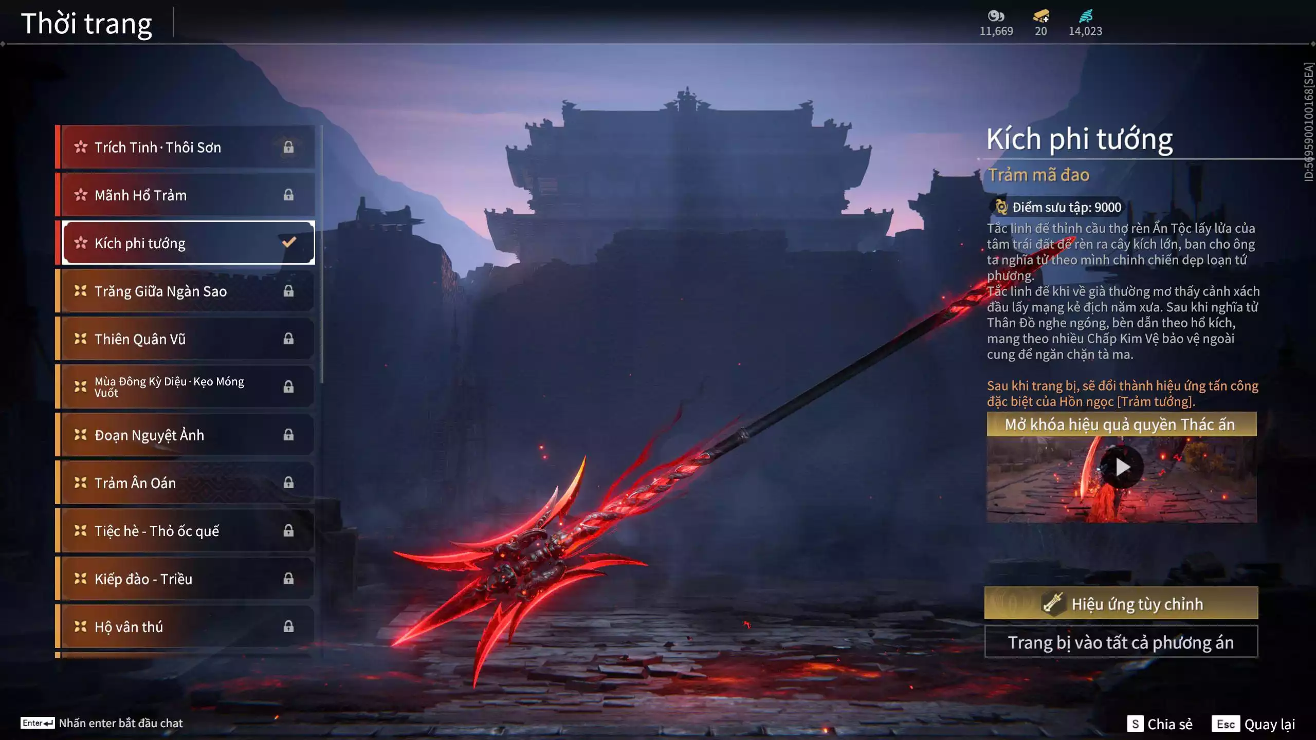 Ảnh Acc 530: 4 Vũ khí đỏ: Kiếm Thiếu Dương, Kích phi tướng, Song Long Chầu Nguyệt, Long Tước, 4 Thời trang đỏ: Giám binh hung thần, Hóa Thân Minh Vương, Người Hóa Đạo, Điệp Mộng