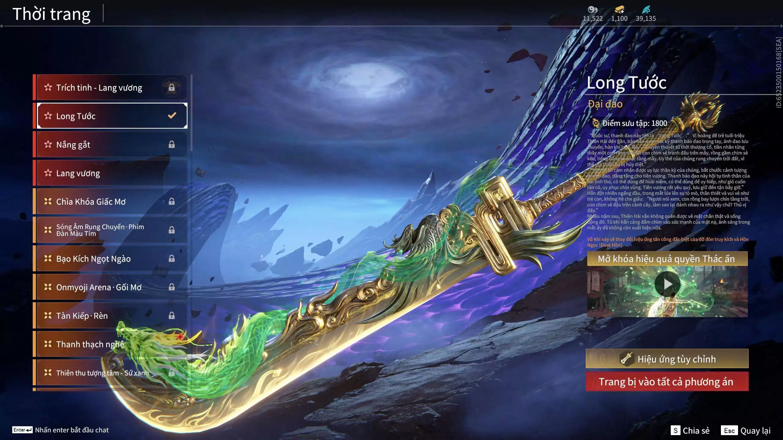 Ảnh Acc 550: ***Sẵn 1100 vàng*** 5 Vũ khí đỏ: Thương Linh Tê, Đại Đao Lang Vương, Long Tước , Song Long Chầu Nguyệt, Pháo- Thiên Phạt, 1 Trang phục đỏ: Lệ Giao Nhân