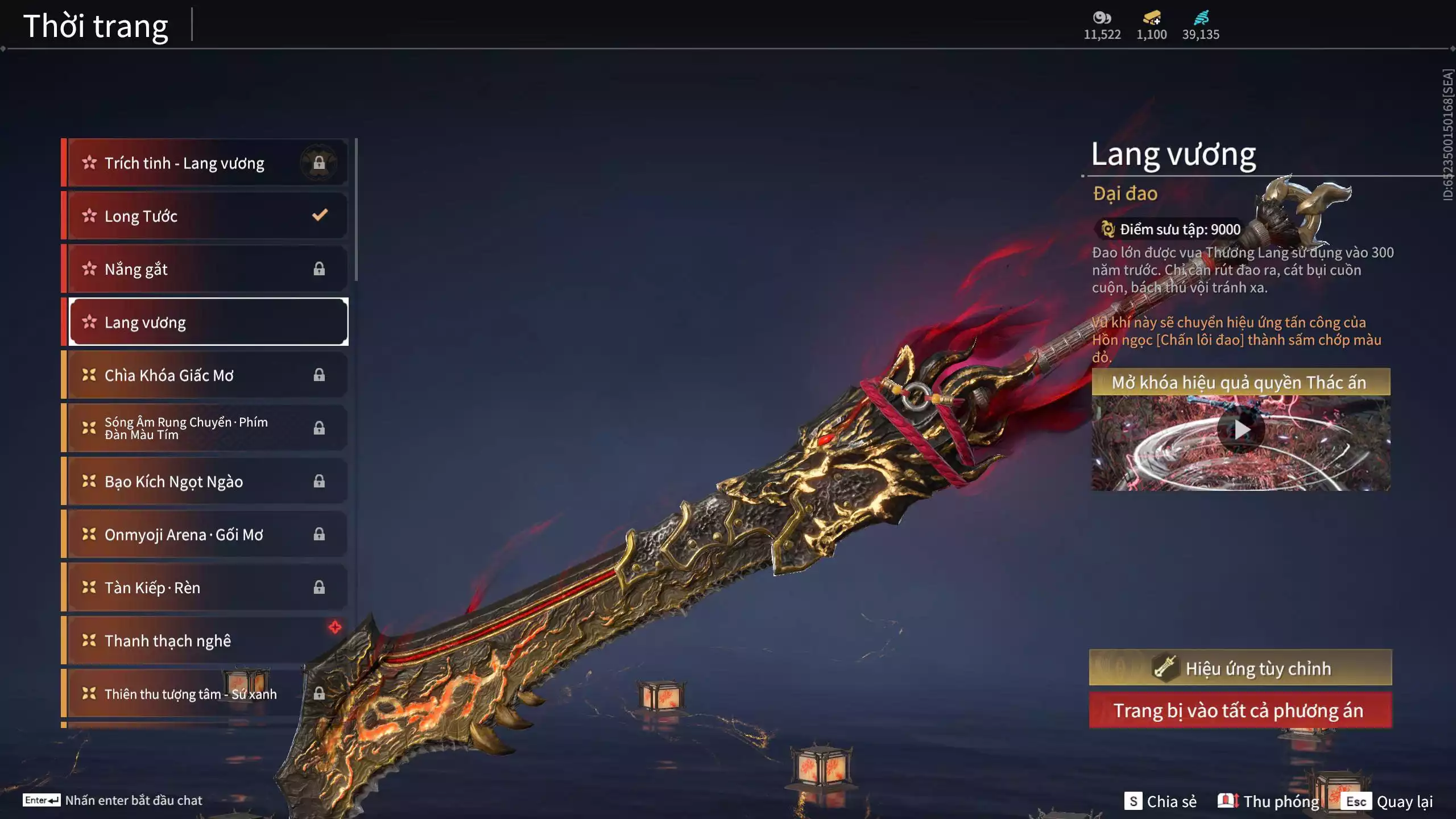 Ảnh Acc 550: ***Sẵn 1100 vàng*** 5 Vũ khí đỏ: Thương Linh Tê, Đại Đao Lang Vương, Long Tước , Song Long Chầu Nguyệt, Pháo- Thiên Phạt, 1 Trang phục đỏ: Lệ Giao Nhân
