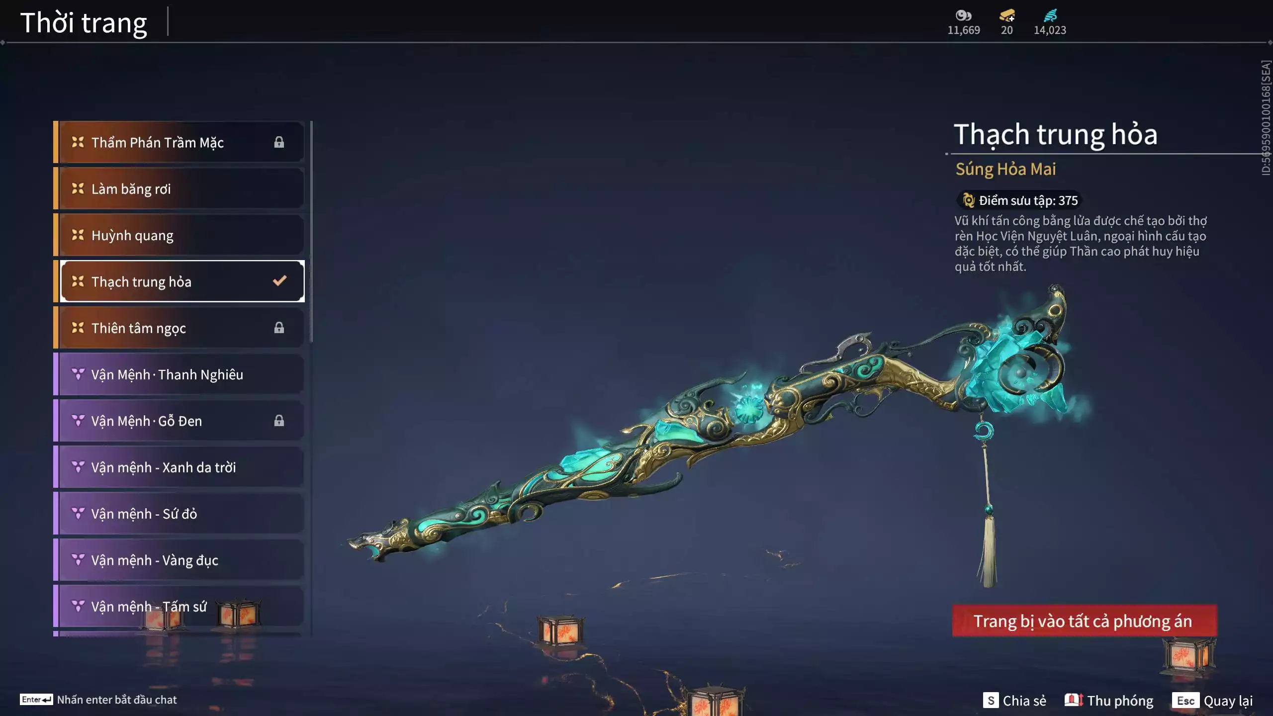 Ảnh Acc 530: 4 Vũ khí đỏ: Kiếm Thiếu Dương, Kích phi tướng, Song Long Chầu Nguyệt, Long Tước, 4 Thời trang đỏ: Giám binh hung thần, Hóa Thân Minh Vương, Người Hóa Đạo, Điệp Mộng