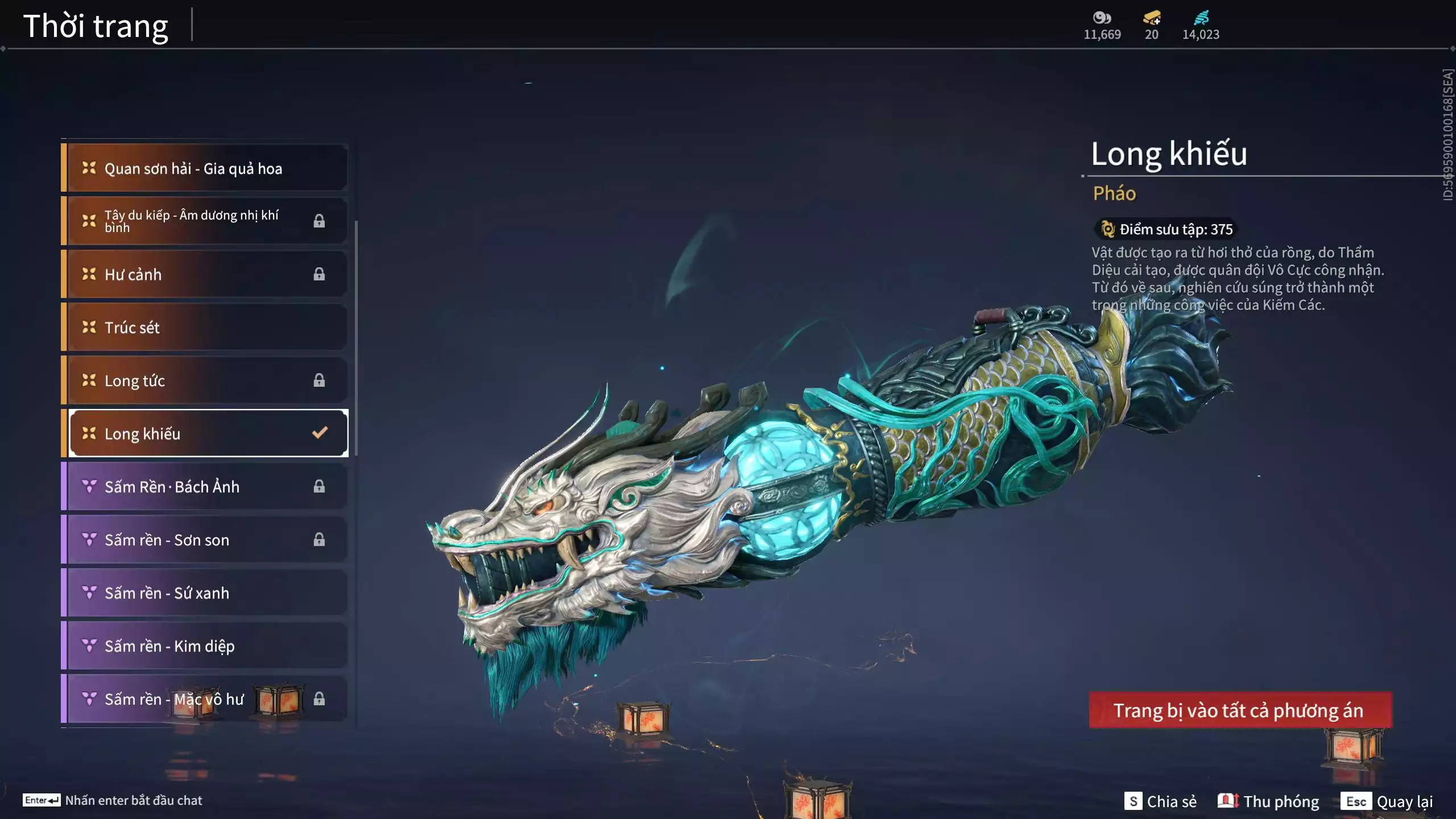 Ảnh Acc 530: 4 Vũ khí đỏ: Kiếm Thiếu Dương, Kích phi tướng, Song Long Chầu Nguyệt, Long Tước, 4 Thời trang đỏ: Giám binh hung thần, Hóa Thân Minh Vương, Người Hóa Đạo, Điệp Mộng