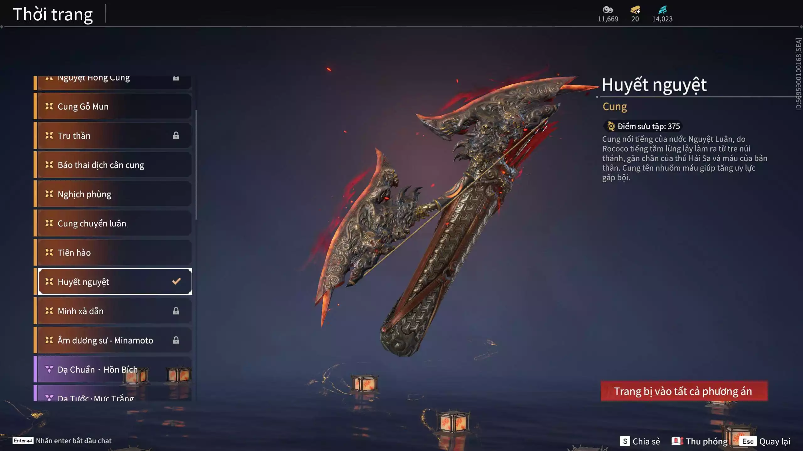 Ảnh Acc 530: 4 Vũ khí đỏ: Kiếm Thiếu Dương, Kích phi tướng, Song Long Chầu Nguyệt, Long Tước, 4 Thời trang đỏ: Giám binh hung thần, Hóa Thân Minh Vương, Người Hóa Đạo, Điệp Mộng