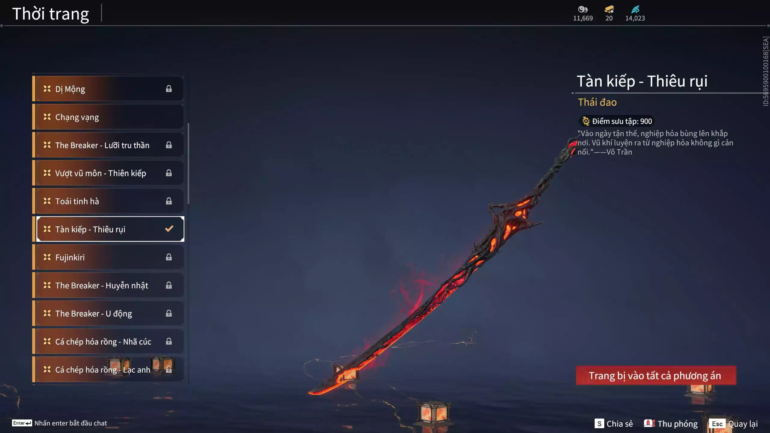 Ảnh Acc 530: 4 Vũ khí đỏ: Kiếm Thiếu Dương, Kích phi tướng, Song Long Chầu Nguyệt, Long Tước, 4 Thời trang đỏ: Giám binh hung thần, Hóa Thân Minh Vương, Người Hóa Đạo, Điệp Mộng