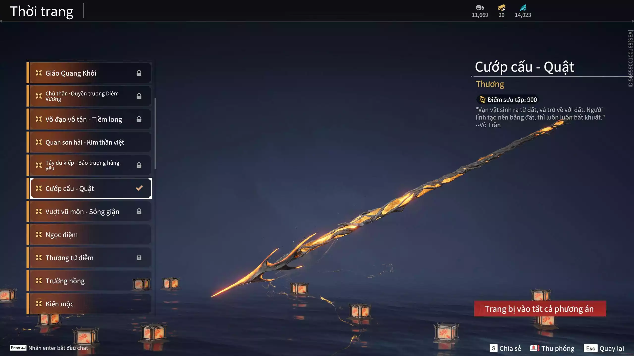 Ảnh Acc 530: 4 Vũ khí đỏ: Kiếm Thiếu Dương, Kích phi tướng, Song Long Chầu Nguyệt, Long Tước, 4 Thời trang đỏ: Giám binh hung thần, Hóa Thân Minh Vương, Người Hóa Đạo, Điệp Mộng