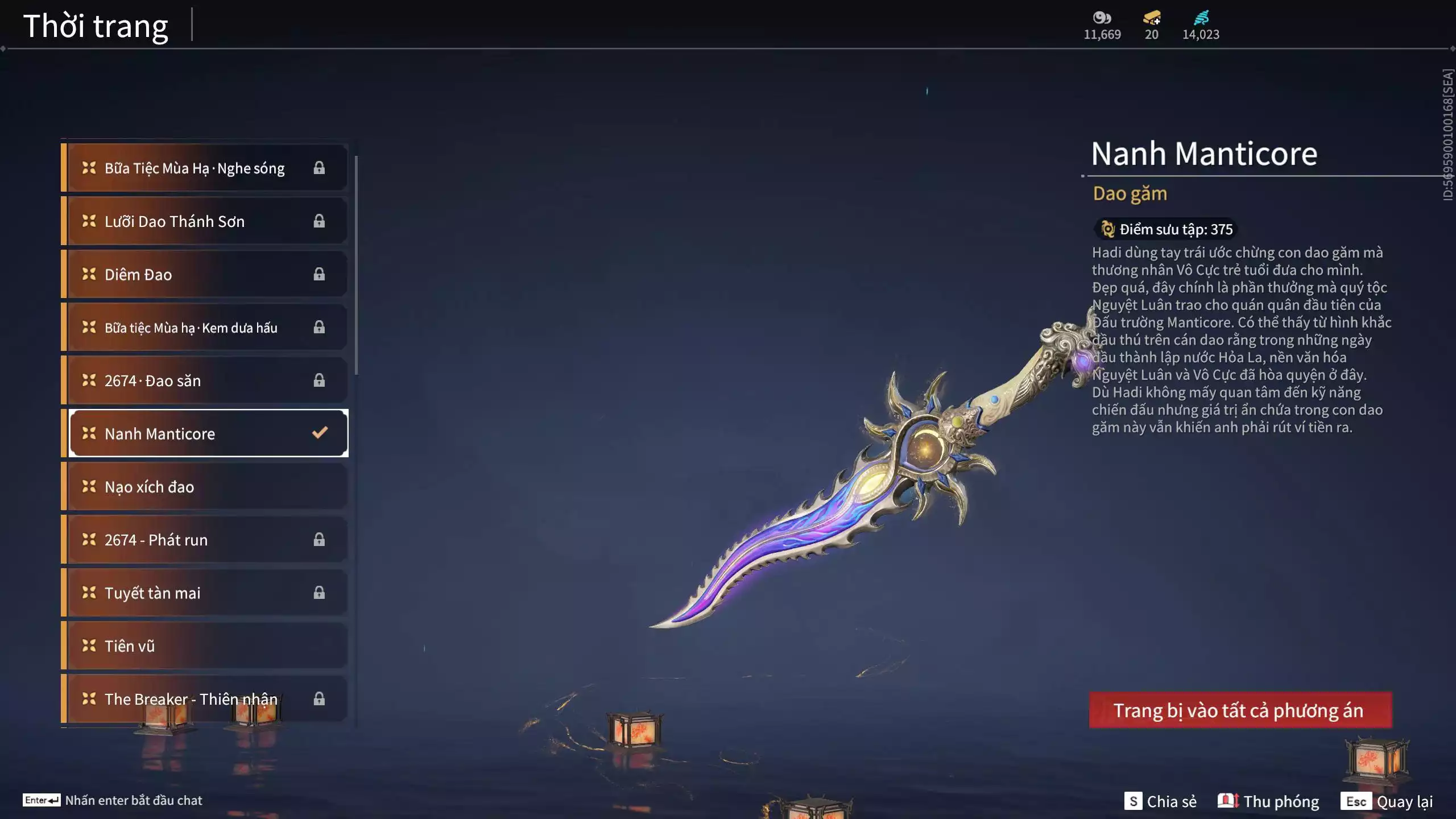 Ảnh Acc 530: 4 Vũ khí đỏ: Kiếm Thiếu Dương, Kích phi tướng, Song Long Chầu Nguyệt, Long Tước, 4 Thời trang đỏ: Giám binh hung thần, Hóa Thân Minh Vương, Người Hóa Đạo, Điệp Mộng