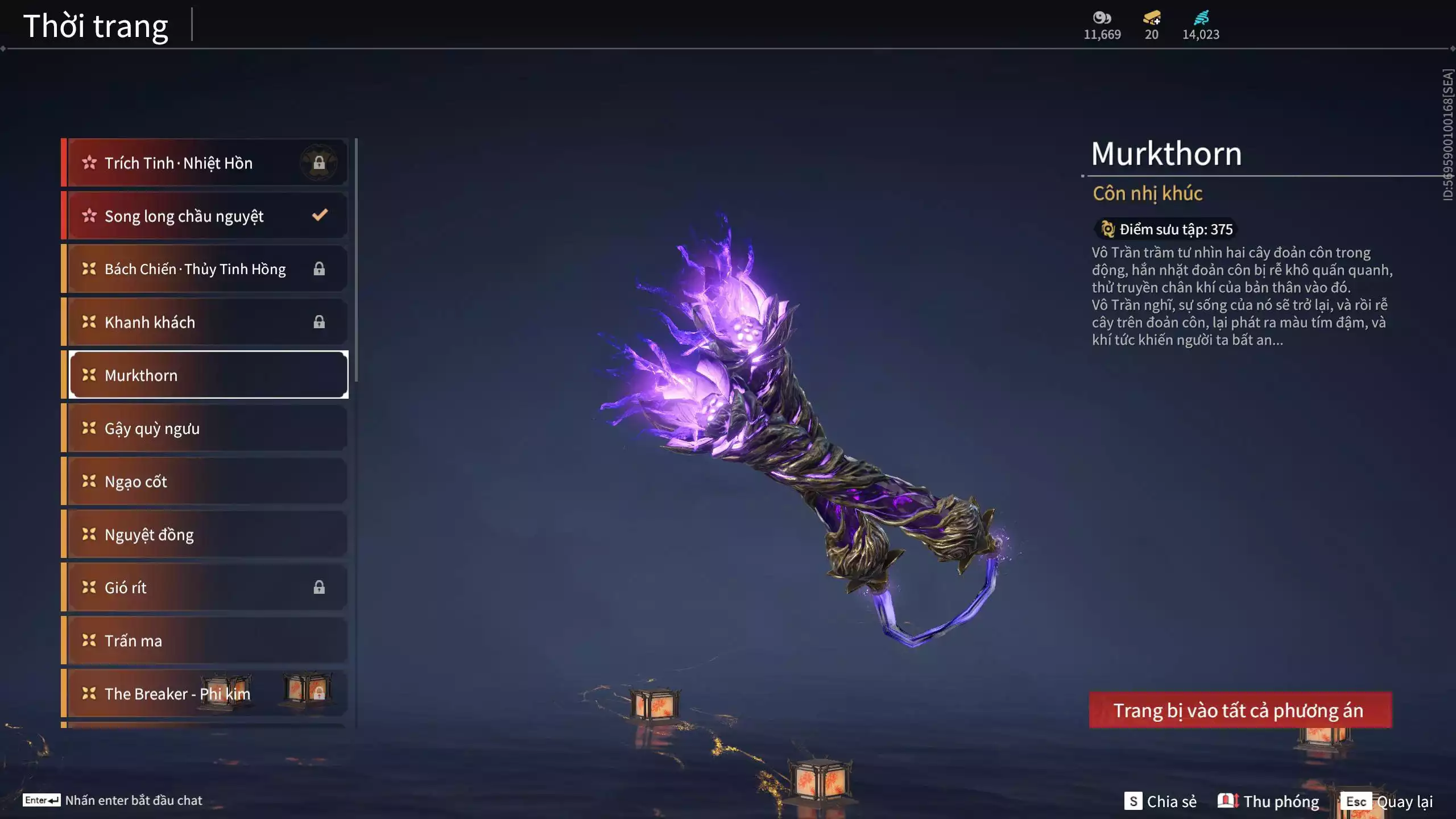 Ảnh Acc 530: 4 Vũ khí đỏ: Kiếm Thiếu Dương, Kích phi tướng, Song Long Chầu Nguyệt, Long Tước, 4 Thời trang đỏ: Giám binh hung thần, Hóa Thân Minh Vương, Người Hóa Đạo, Điệp Mộng