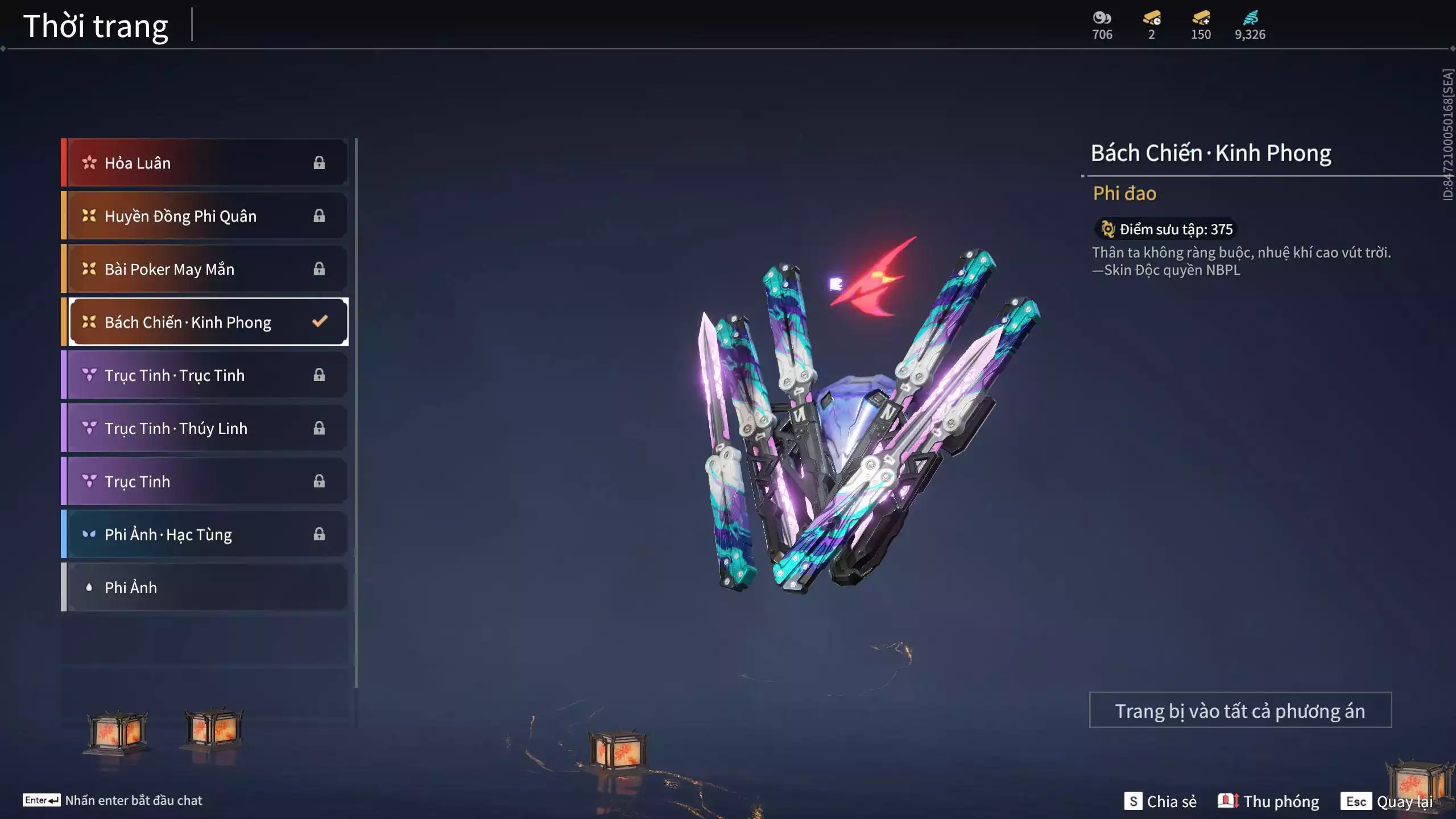 Ảnh Acc 545: 3 Vũ khí đỏ: Kinh Bách Lý, Song Long Chầu Nguyệt, Long Tước, 2 Trang phục đỏ: Tân Hôn Nhuộm Đỏ, Điệp Mộng