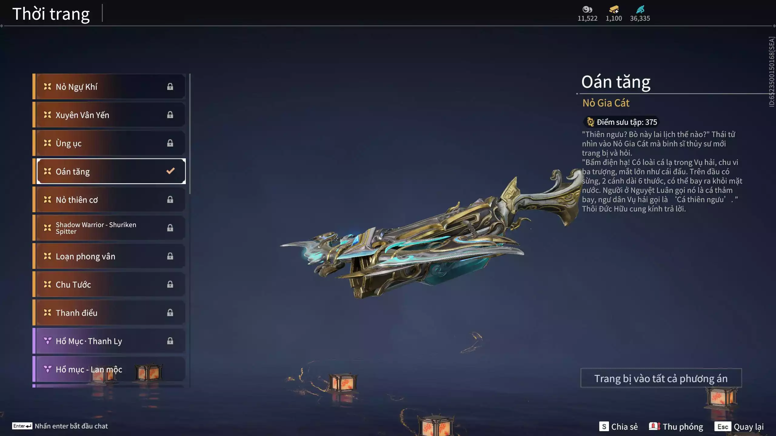 Ảnh Acc 550: ***Sẵn 1100 vàng*** 5 Vũ khí đỏ: Thương Linh Tê, Đại Đao Lang Vương, Long Tước , Song Long Chầu Nguyệt, Pháo- Thiên Phạt, 1 Trang phục đỏ: Lệ Giao Nhân