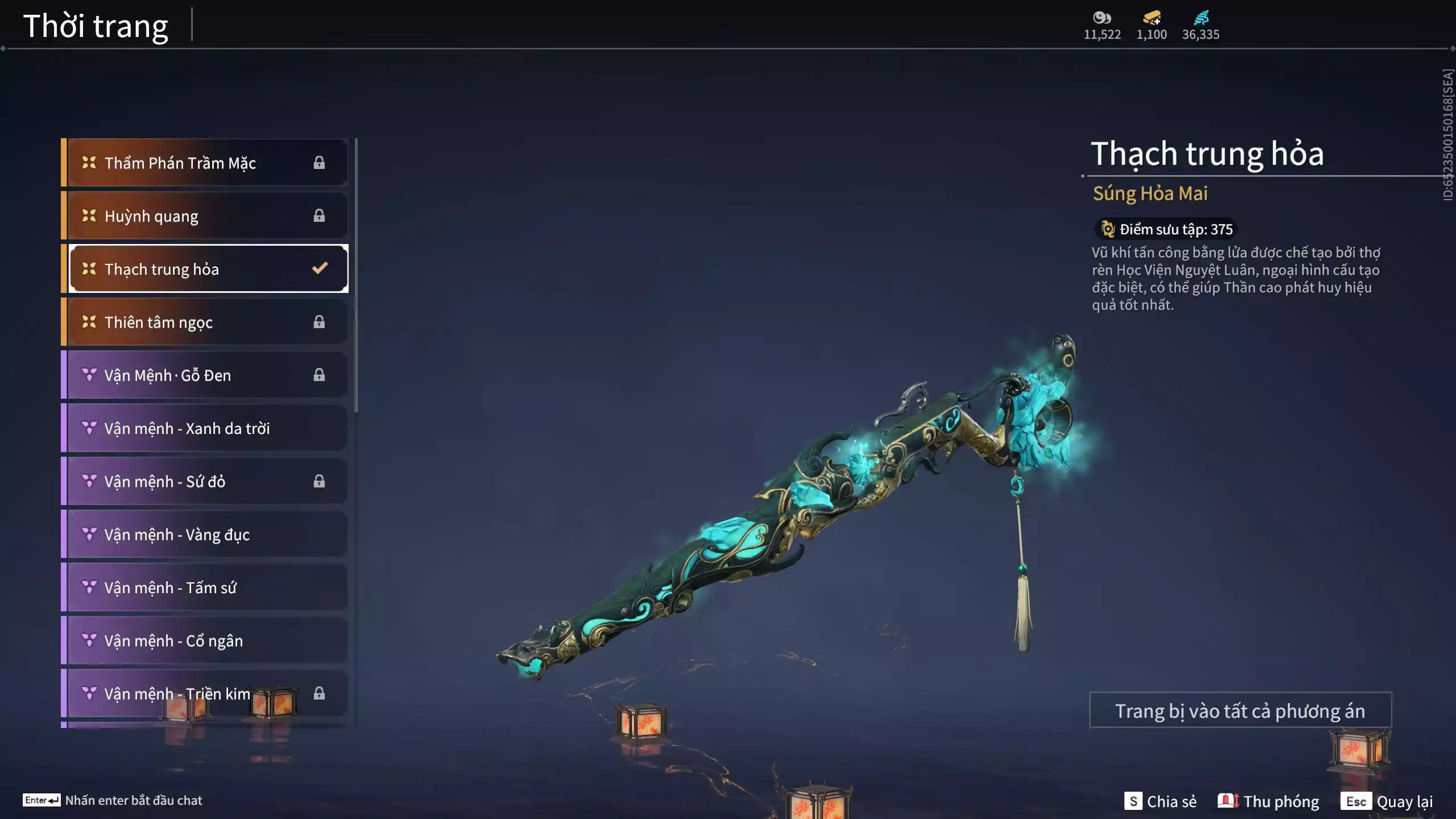 Ảnh Acc 550: ***Sẵn 1100 vàng*** 5 Vũ khí đỏ: Thương Linh Tê, Đại Đao Lang Vương, Long Tước , Song Long Chầu Nguyệt, Pháo- Thiên Phạt, 1 Trang phục đỏ: Lệ Giao Nhân