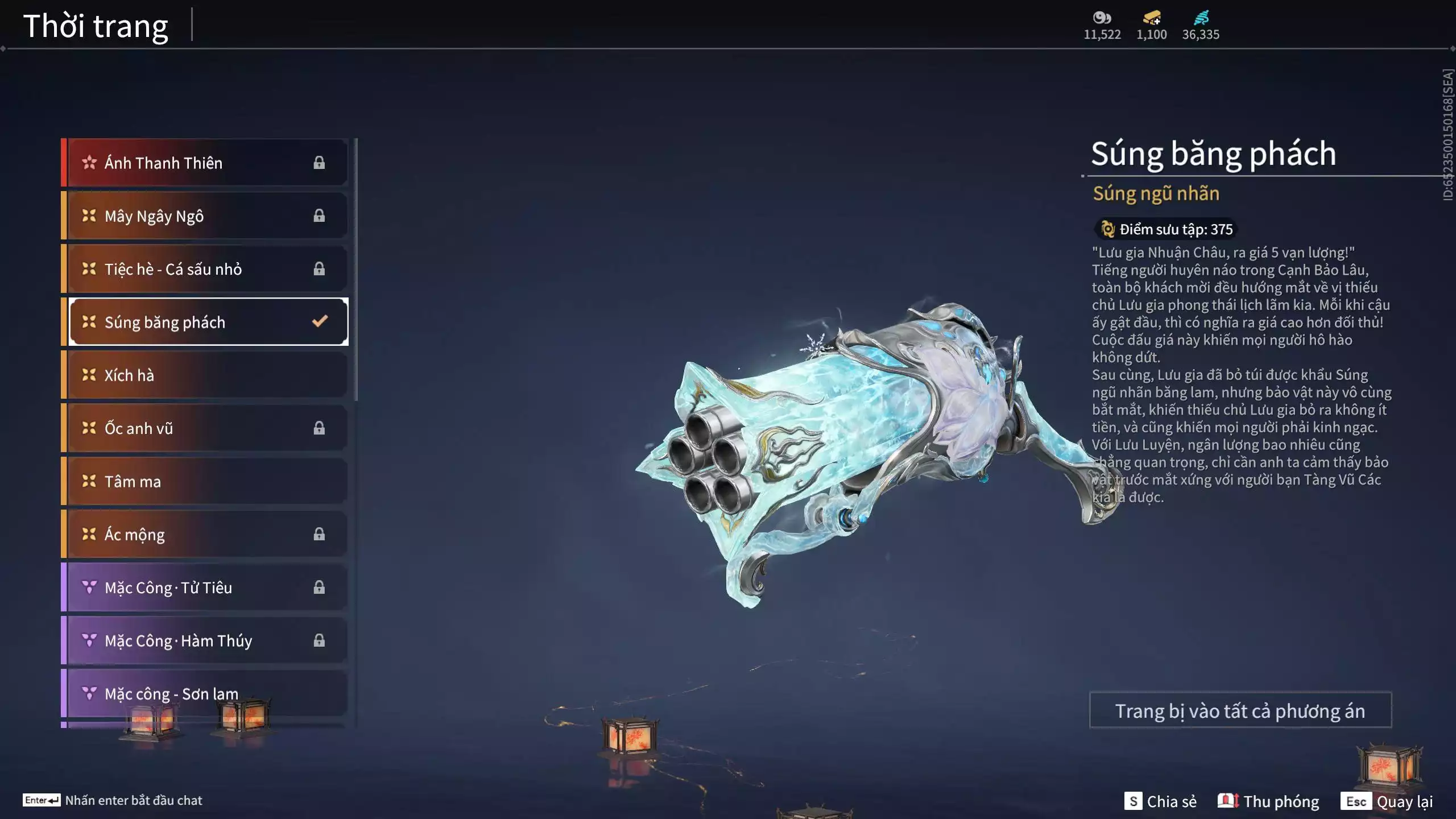 Ảnh Acc 550: ***Sẵn 1100 vàng*** 5 Vũ khí đỏ: Thương Linh Tê, Đại Đao Lang Vương, Long Tước , Song Long Chầu Nguyệt, Pháo- Thiên Phạt, 1 Trang phục đỏ: Lệ Giao Nhân