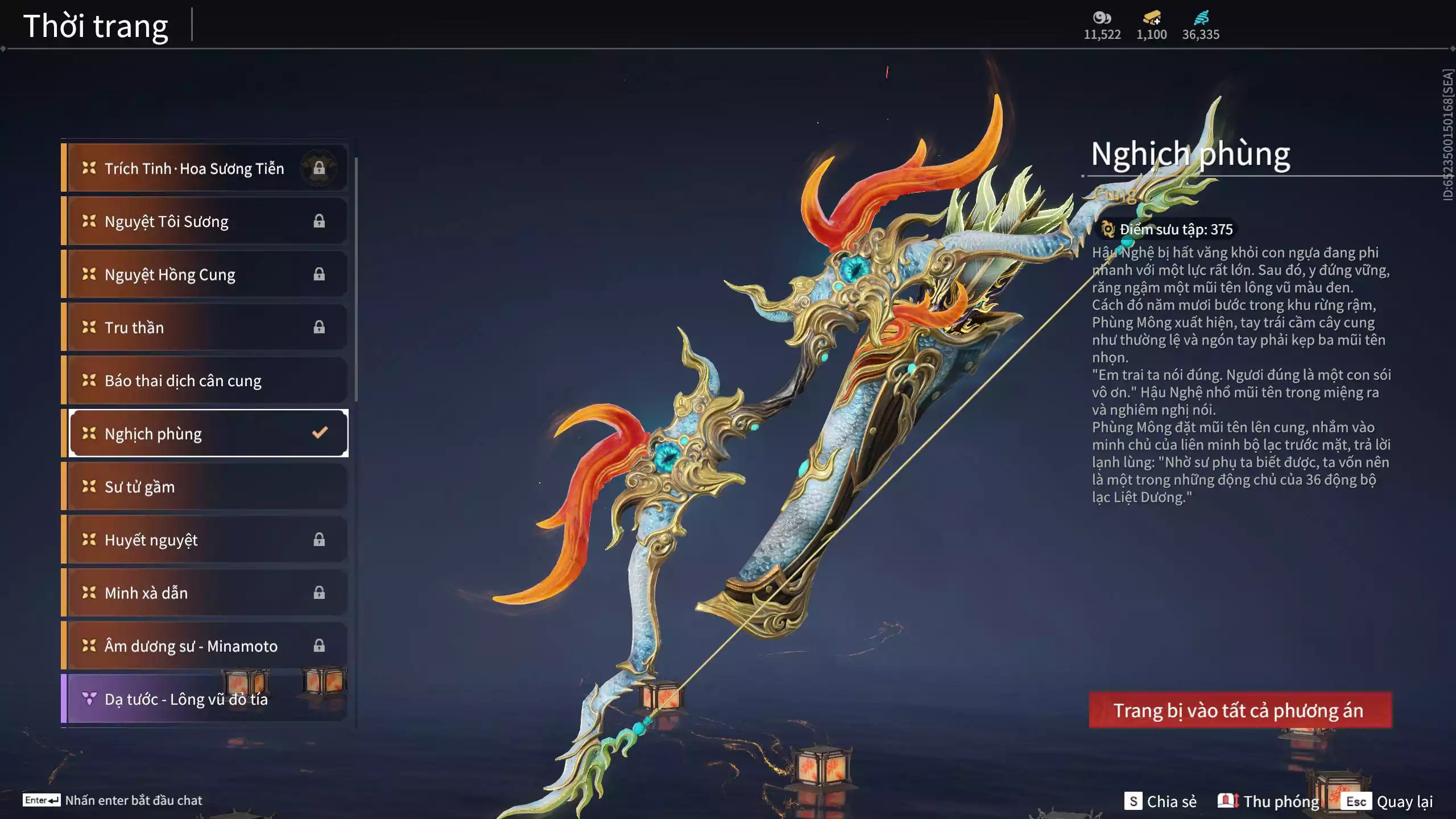 Ảnh Acc 550: ***Sẵn 1100 vàng*** 5 Vũ khí đỏ: Thương Linh Tê, Đại Đao Lang Vương, Long Tước , Song Long Chầu Nguyệt, Pháo- Thiên Phạt, 1 Trang phục đỏ: Lệ Giao Nhân