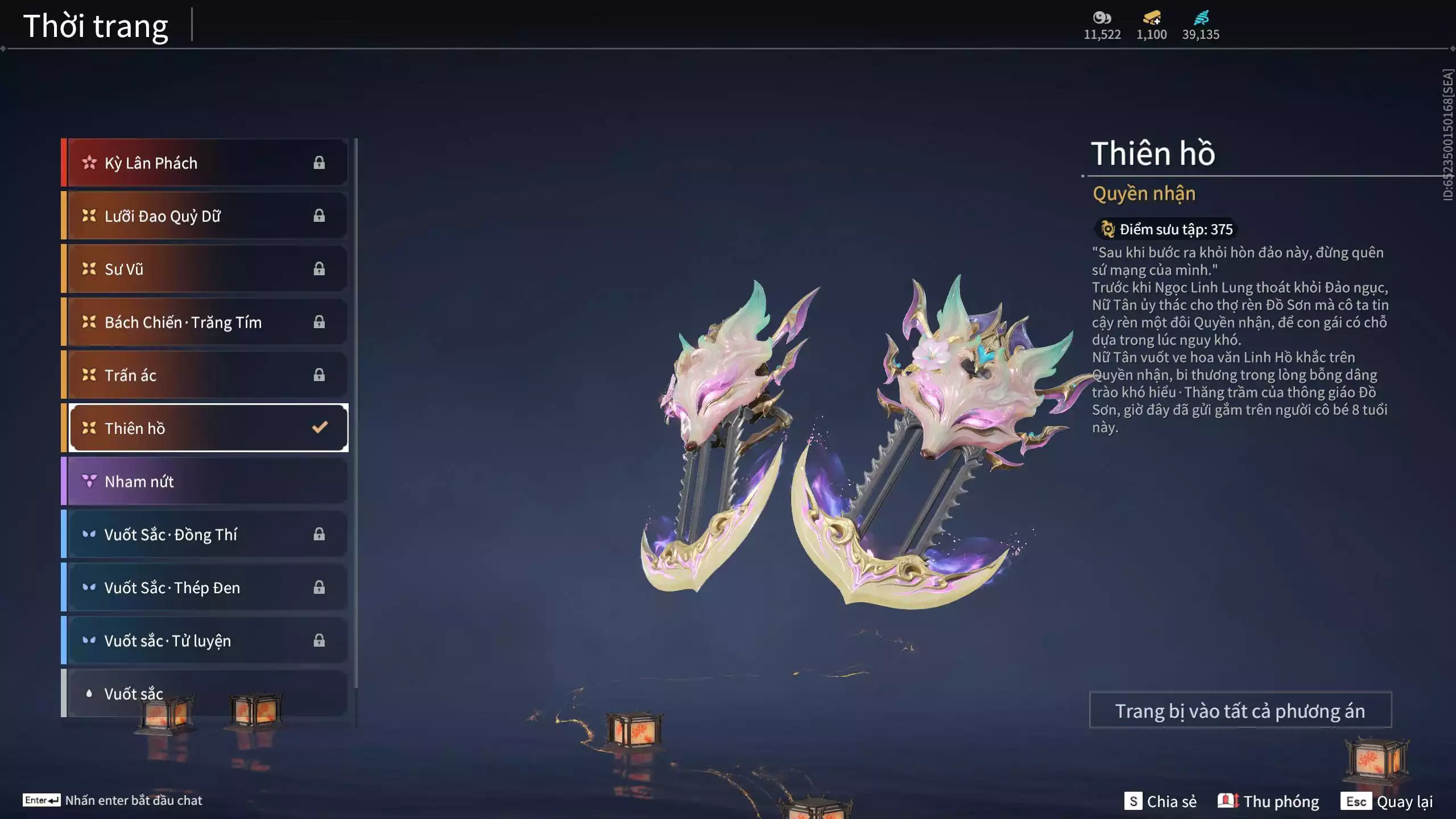 Ảnh Acc 550: ***Sẵn 1100 vàng*** 5 Vũ khí đỏ: Thương Linh Tê, Đại Đao Lang Vương, Long Tước , Song Long Chầu Nguyệt, Pháo- Thiên Phạt, 1 Trang phục đỏ: Lệ Giao Nhân