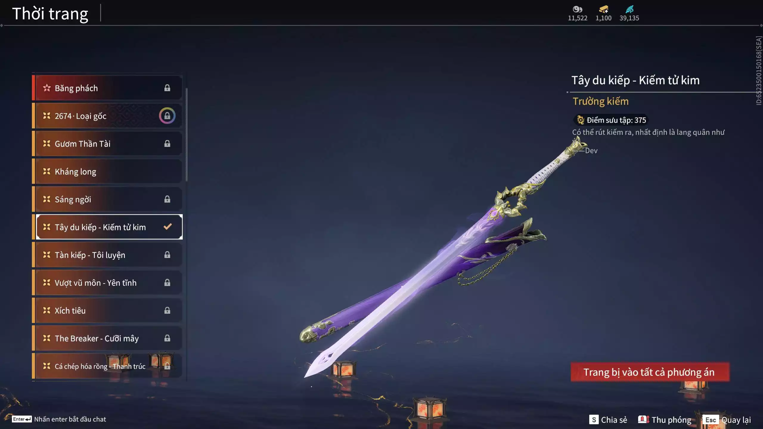 Ảnh Acc 550: ***Sẵn 1100 vàng*** 5 Vũ khí đỏ: Thương Linh Tê, Đại Đao Lang Vương, Long Tước , Song Long Chầu Nguyệt, Pháo- Thiên Phạt, 1 Trang phục đỏ: Lệ Giao Nhân