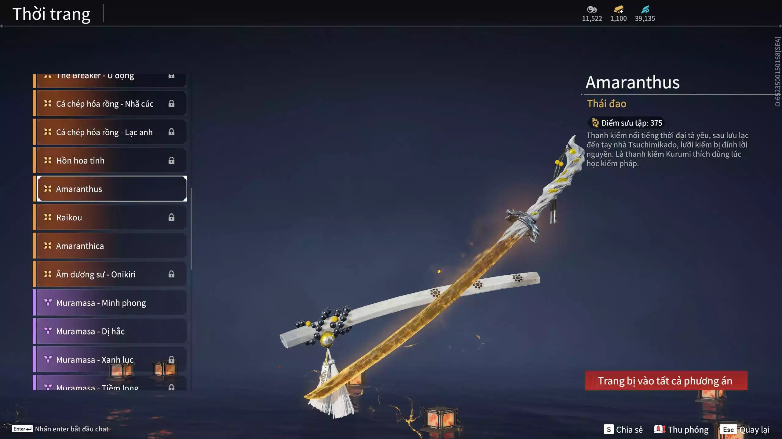 Ảnh Acc 550: ***Sẵn 1100 vàng*** 5 Vũ khí đỏ: Thương Linh Tê, Đại Đao Lang Vương, Long Tước , Song Long Chầu Nguyệt, Pháo- Thiên Phạt, 1 Trang phục đỏ: Lệ Giao Nhân