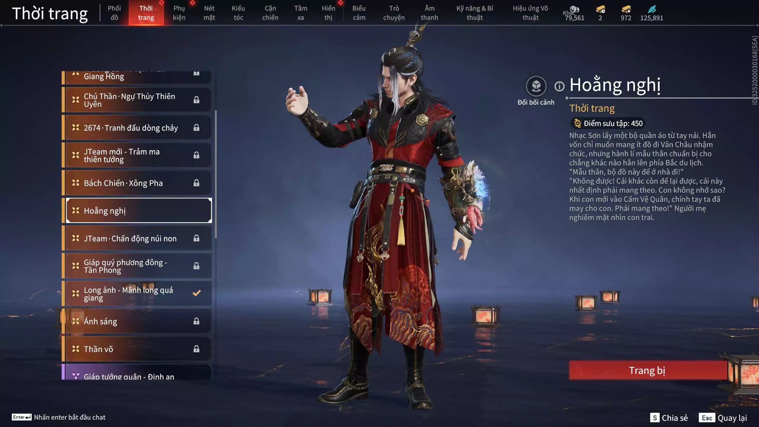 Ảnh Acc 566: 4 Vũ khí đỏ: Tinh Đế, Song Long Chầu Nguyệt, Kích Phi Tướng, Long Tước, 2 Trang phục đỏ: Hóa Thân Minh Vương, Báu Vật Biển