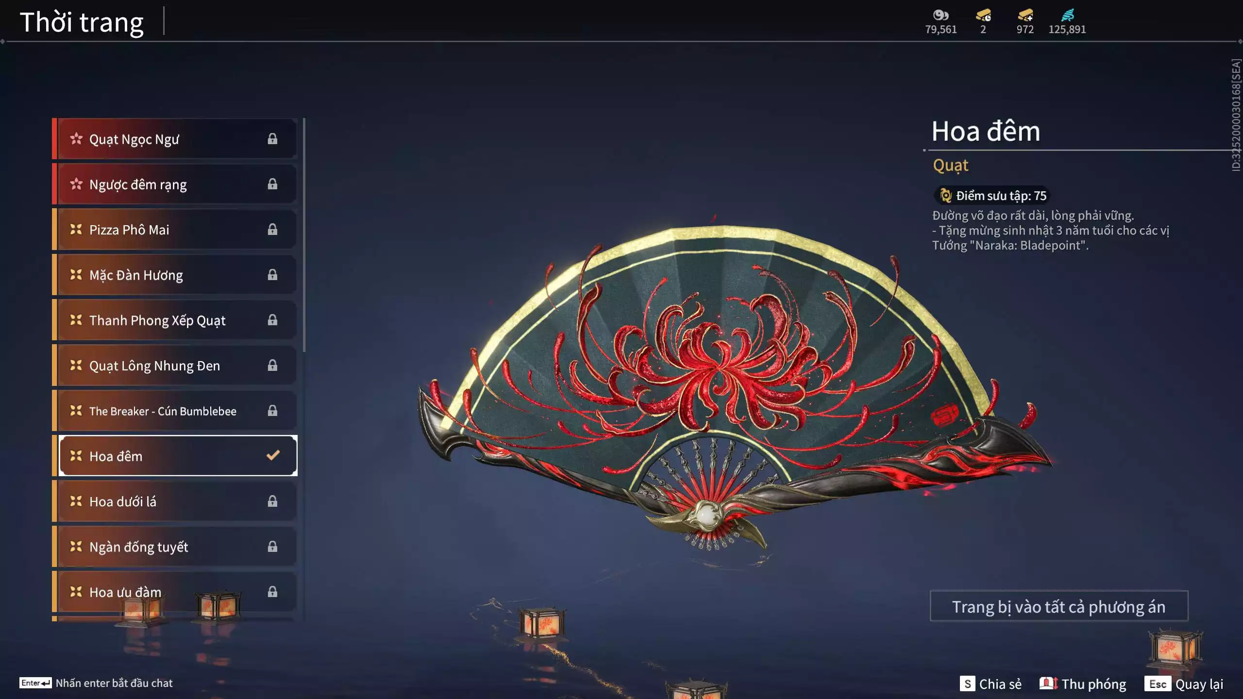 Ảnh Acc 566: 4 Vũ khí đỏ: Tinh Đế, Song Long Chầu Nguyệt, Kích Phi Tướng, Long Tước, 2 Trang phục đỏ: Hóa Thân Minh Vương, Báu Vật Biển