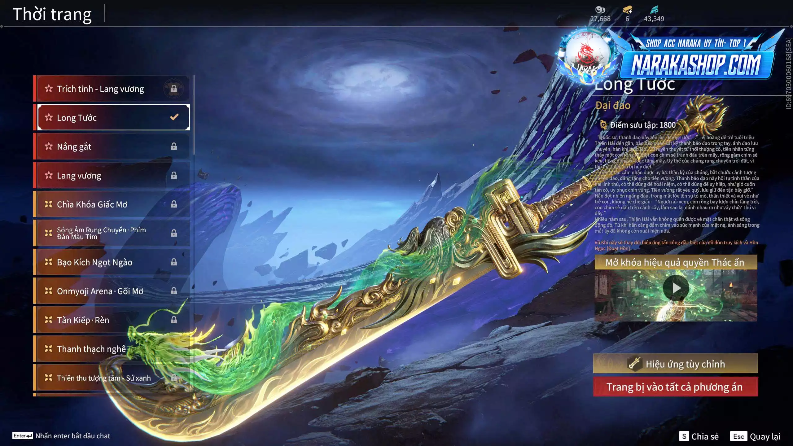 Ảnh Acc 579: 5 Vũ khí đỏ: Tinh Đế, Kích Phi Tướng, Song Long Chầu Nguyệt, Kinh Bách Lý, Long Tước, 3 Trang phục đỏ: Hoa Của Cát, Thủ Mặc Kỳ, Lưu Kim Hiểu Cẩm