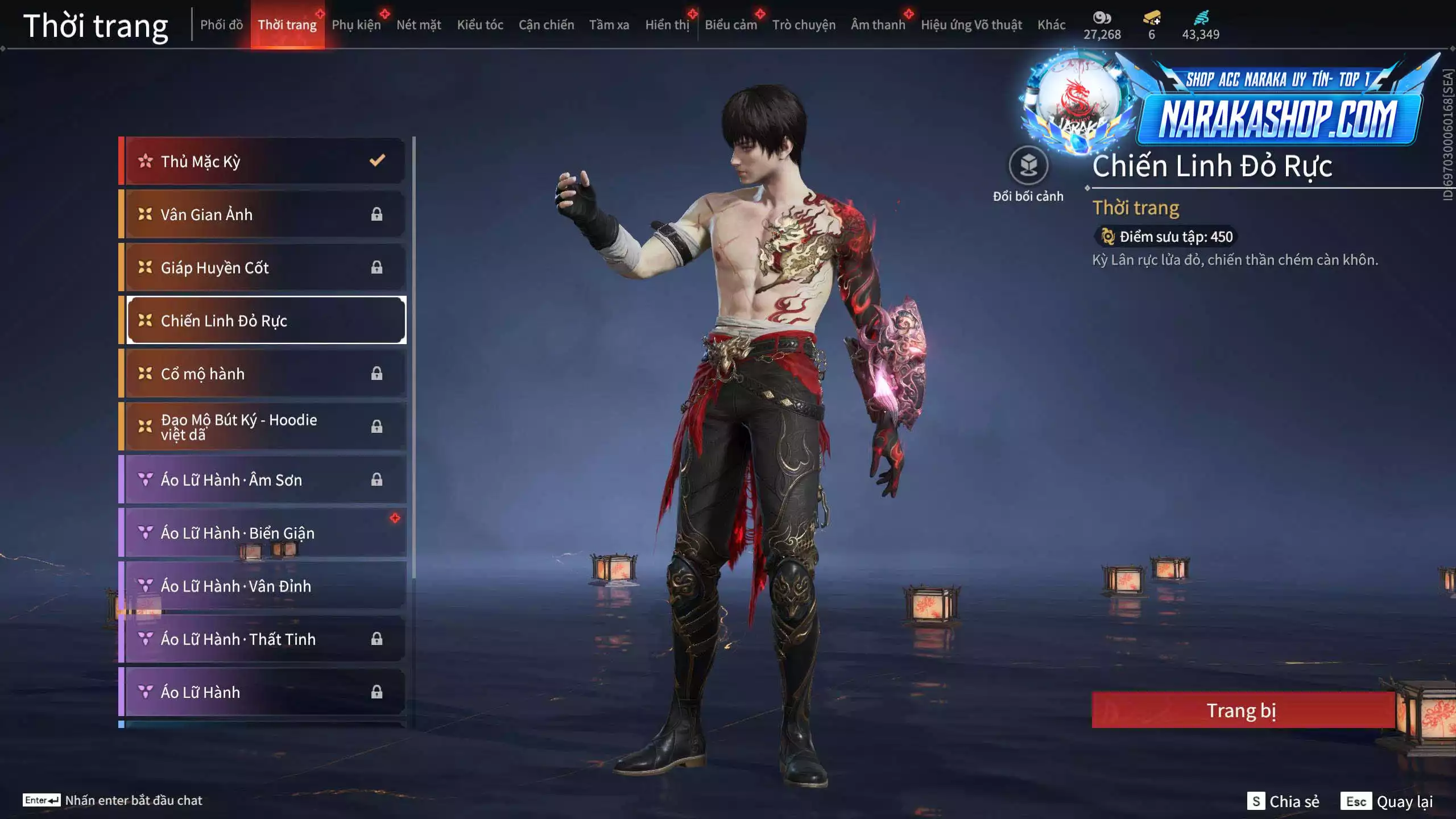 Ảnh Acc 579: 5 Vũ khí đỏ: Tinh Đế, Kích Phi Tướng, Song Long Chầu Nguyệt, Kinh Bách Lý, Long Tước, 3 Trang phục đỏ: Hoa Của Cát, Thủ Mặc Kỳ, Lưu Kim Hiểu Cẩm