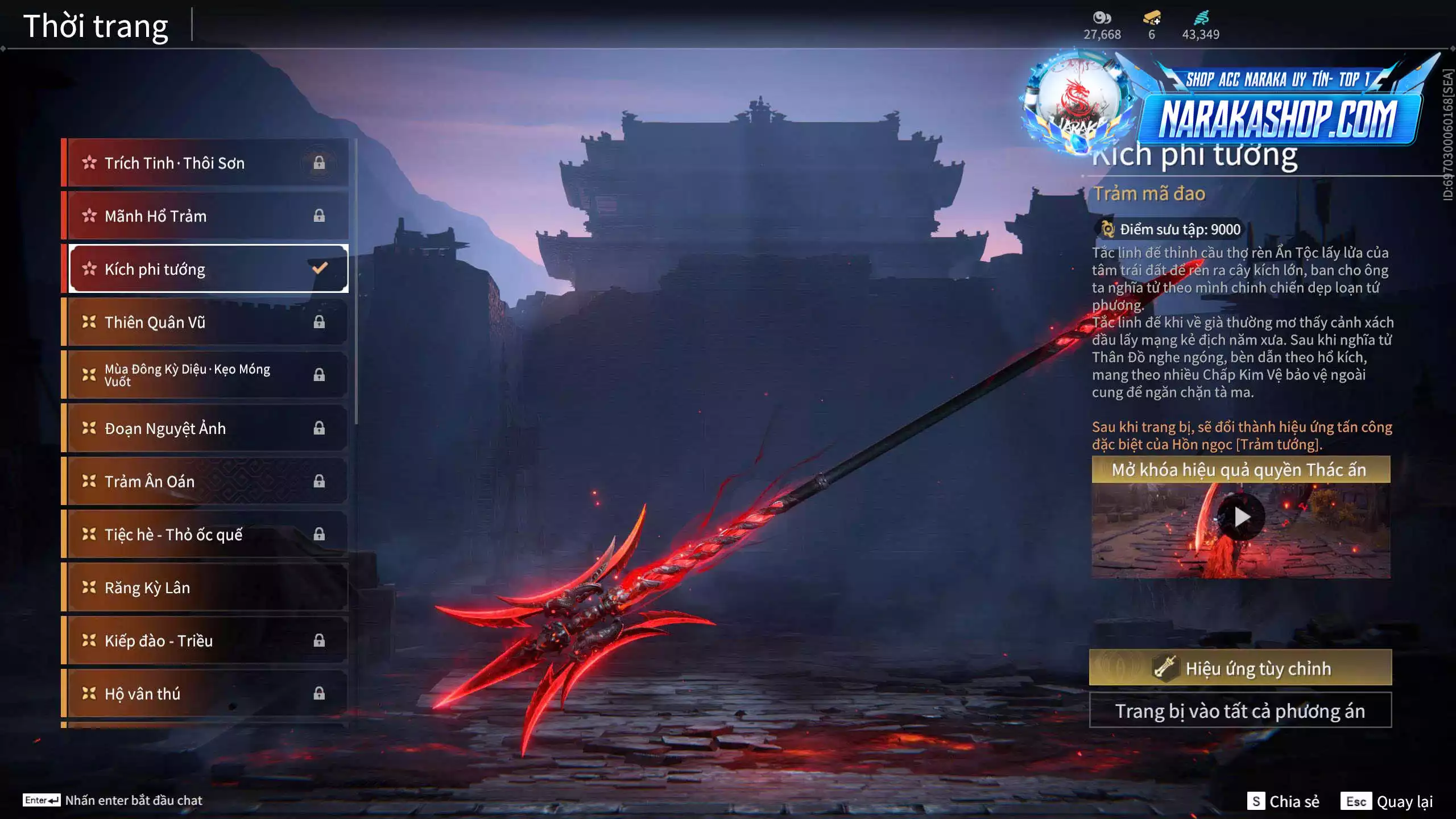 Ảnh Acc 579: 5 Vũ khí đỏ: Tinh Đế, Kích Phi Tướng, Song Long Chầu Nguyệt, Kinh Bách Lý, Long Tước, 3 Trang phục đỏ: Hoa Của Cát, Thủ Mặc Kỳ, Lưu Kim Hiểu Cẩm