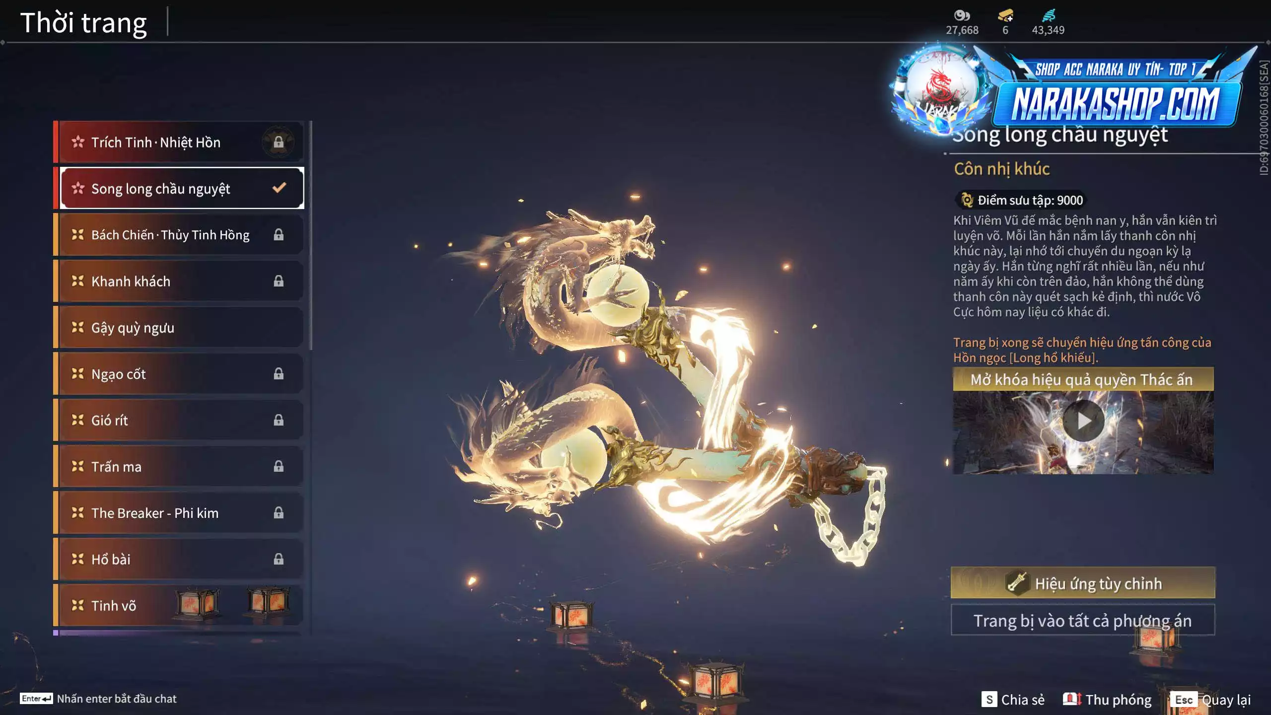 Ảnh Acc 579: 5 Vũ khí đỏ: Tinh Đế, Kích Phi Tướng, Song Long Chầu Nguyệt, Kinh Bách Lý, Long Tước, 3 Trang phục đỏ: Hoa Của Cát, Thủ Mặc Kỳ, Lưu Kim Hiểu Cẩm