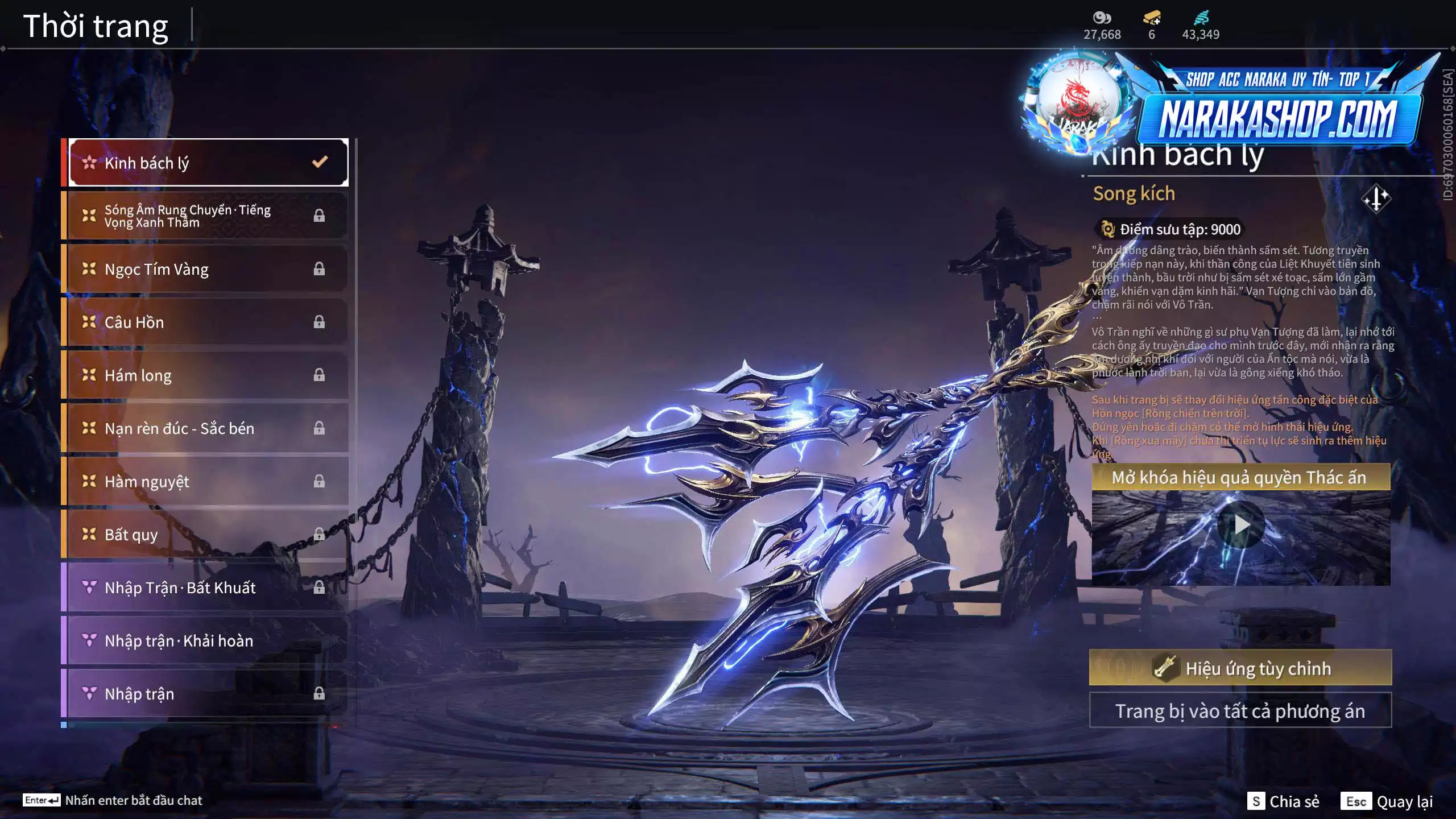 Ảnh Acc 579: 5 Vũ khí đỏ: Tinh Đế, Kích Phi Tướng, Song Long Chầu Nguyệt, Kinh Bách Lý, Long Tước, 3 Trang phục đỏ: Hoa Của Cát, Thủ Mặc Kỳ, Lưu Kim Hiểu Cẩm