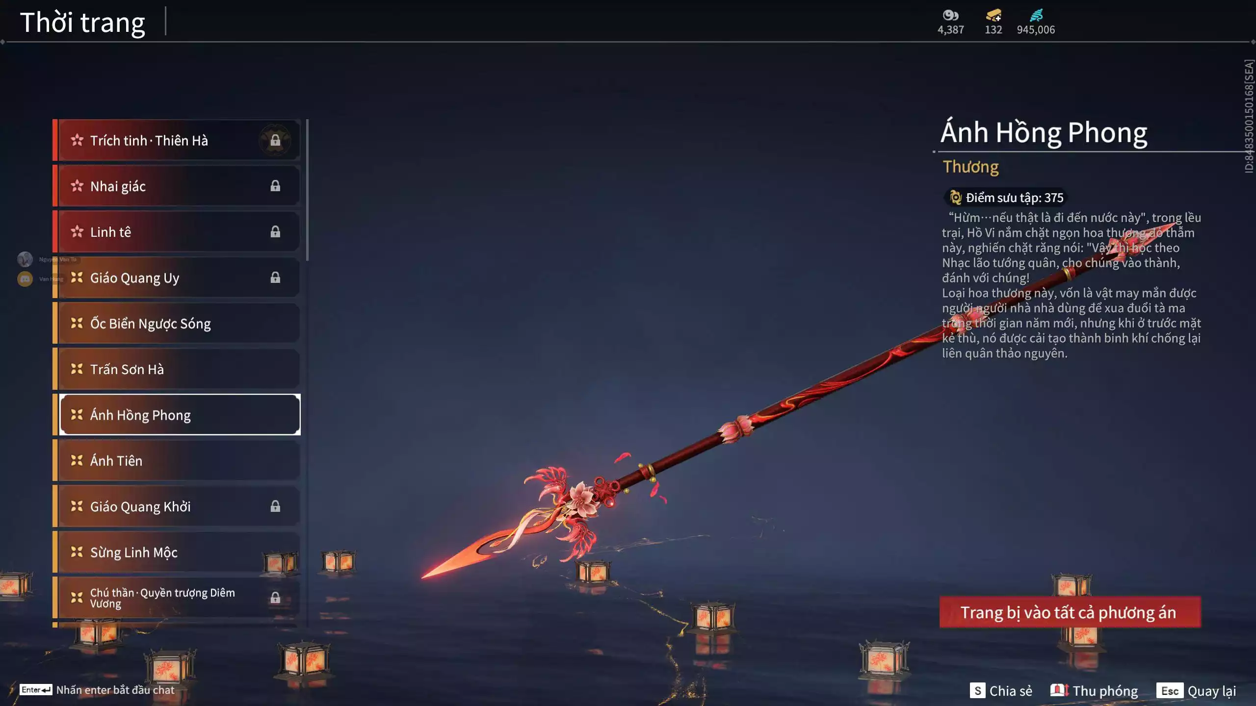 Ảnh Acc 664: 7 Vũ khí đỏ, 5 Trang phục đỏ